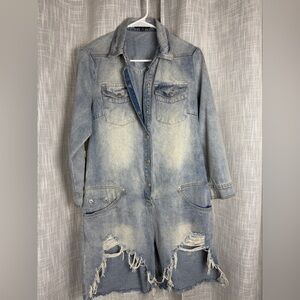 Athina woman Sz M Long sleeve denim romper blue distressed cut out snap button